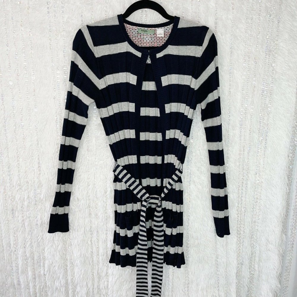 MAPLE Belted Cardigan Sweater MEDIUM Black Gray Stripe Silk Blend Knit Tunic Top